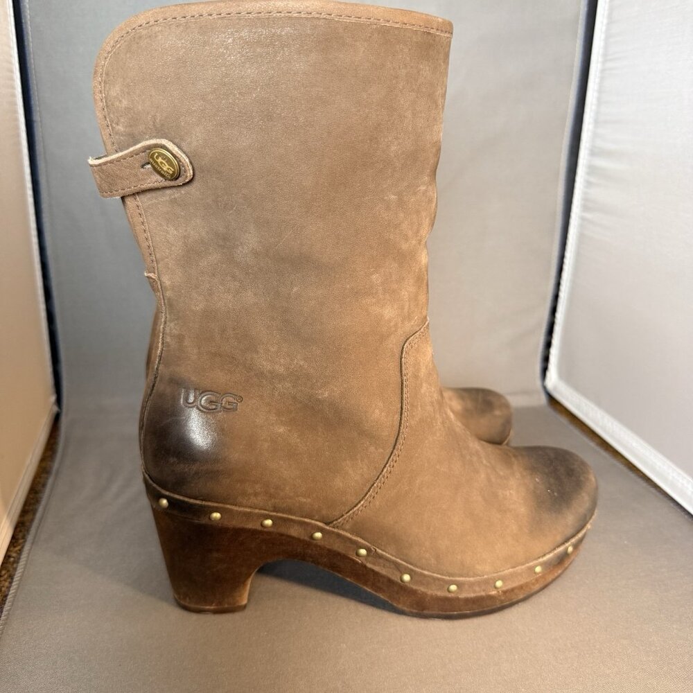UGG Fold Over Size 6 Brown Leather Sheepskin Cuff LYNNEA Ankle Calf Boots Shoes - Picture 5 of 7